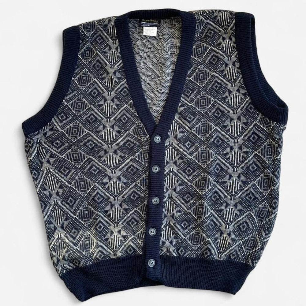 Vintage Pacific Winds Navy Blue Gray Retro Patterned Knit V-Neck Sweater Vest